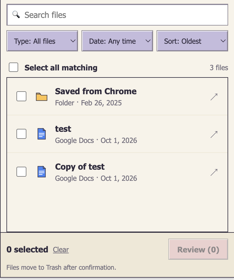 GoogleCleaner file list showing filename search, type and date filters, sorting, checkboxes, and the Review button.